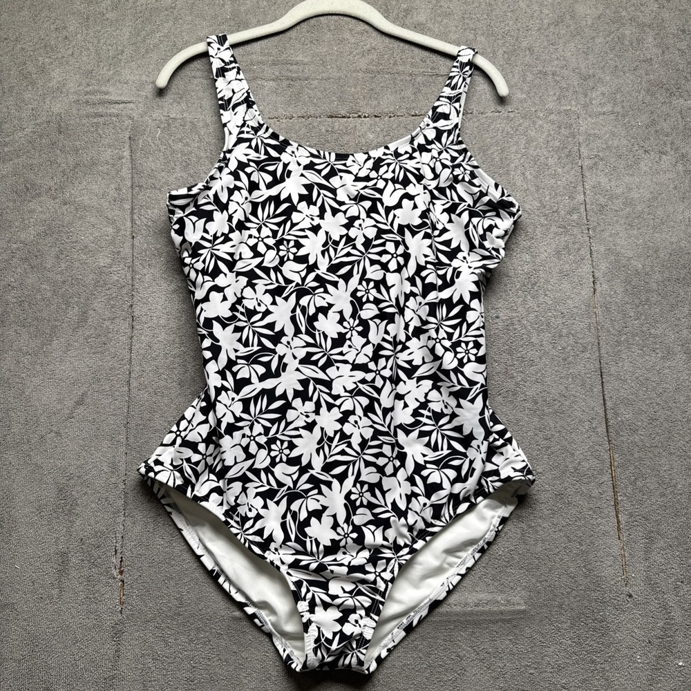 Lands' End‎ Floral One Piece Swimsuit Black White 14/16 Tummy Control Modest